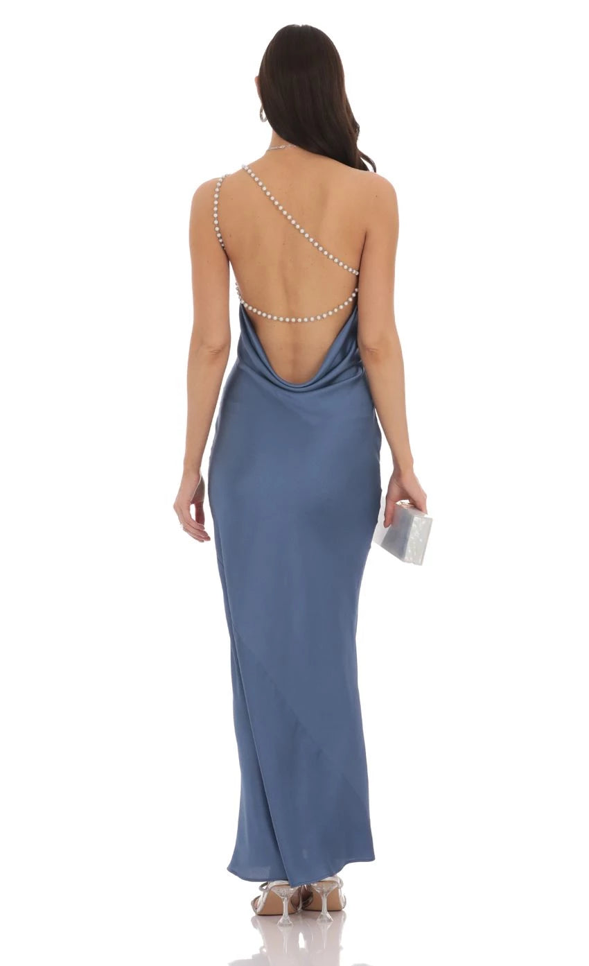 One Shoulder Pearl Satin Maxi Dress Prom Dresses