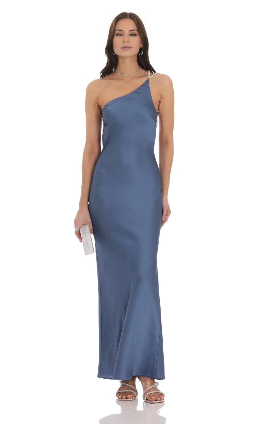 One Shoulder Pearl Satin Maxi Dress Prom Dresses