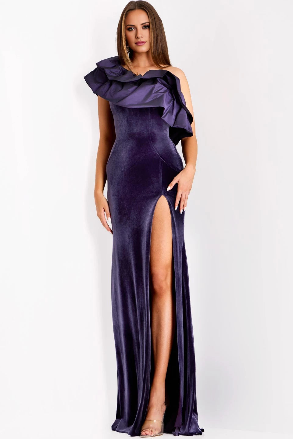 One Shoulder Purple Velvet Gown with Ruffle Detail  Evening Dresses