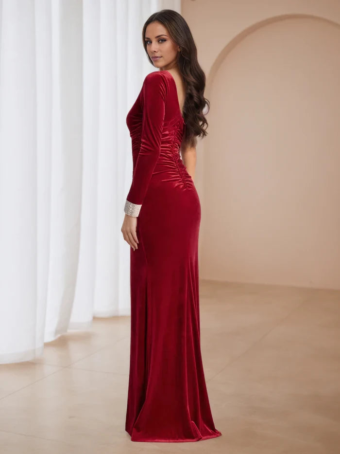 One Shoulder Red Velvet Ruched Sheath Prom Dresses with Split