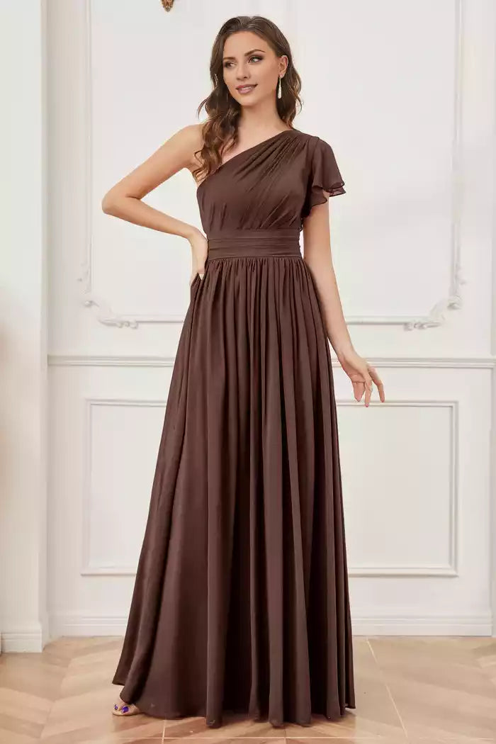 One Shoulder Ruched Chiffon Long Bridesmaid Dresses