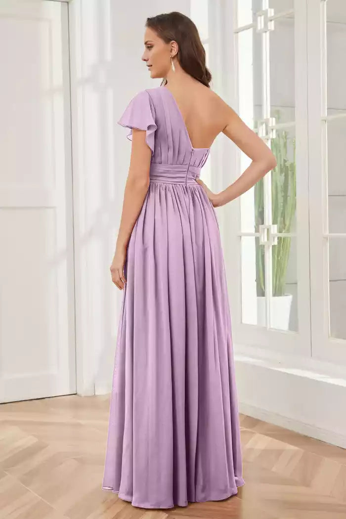 One Shoulder Ruched Chiffon Long Bridesmaid Dresses