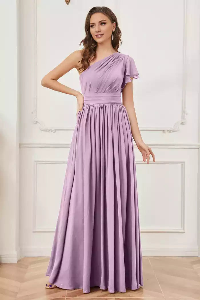 One Shoulder Ruched Chiffon Long Bridesmaid Dresses