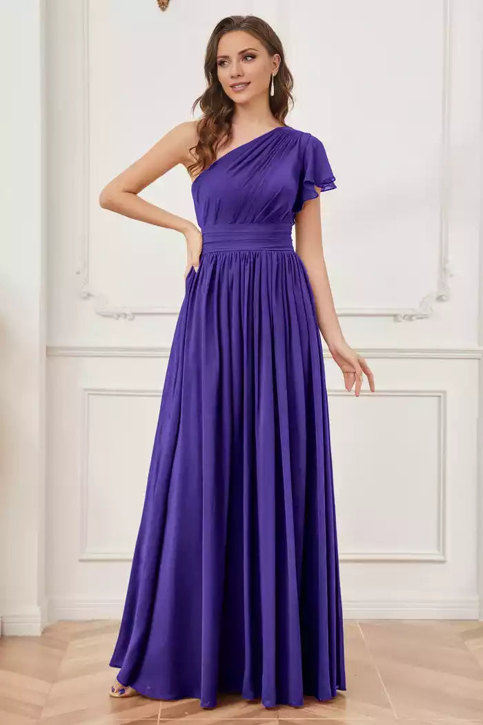 One Shoulder Ruched Chiffon Long Bridesmaid Dresses
