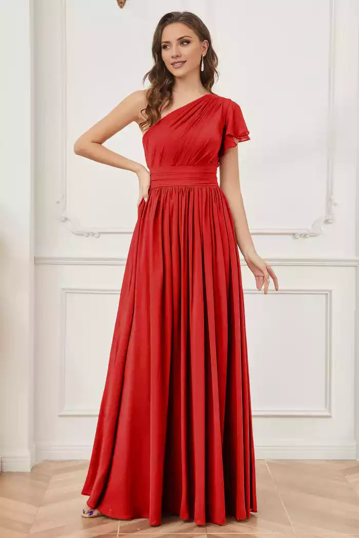 One Shoulder Ruched Chiffon Long Bridesmaid Dresses