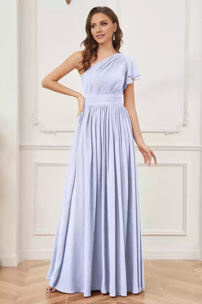 One Shoulder Ruched Chiffon Long Bridesmaid Dresses