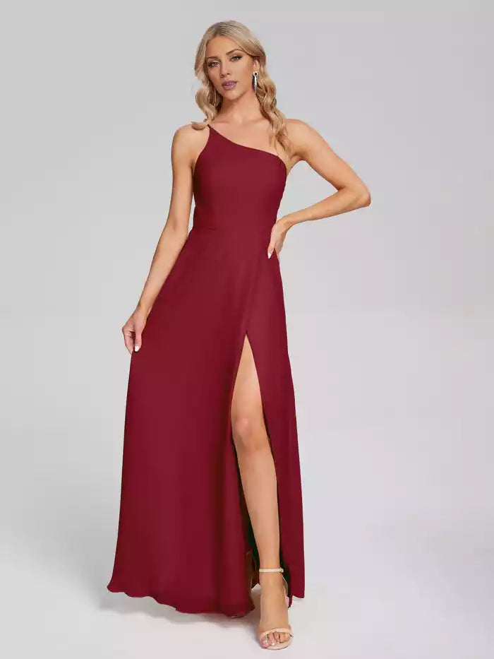 One Shoulder Side Slit Chiffon Bridesmaid Dress ﻿