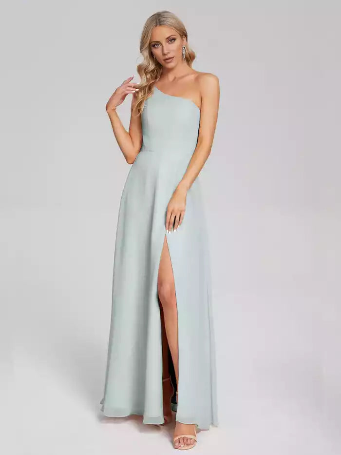 One Shoulder Side Slit Chiffon Bridesmaid Dress ﻿