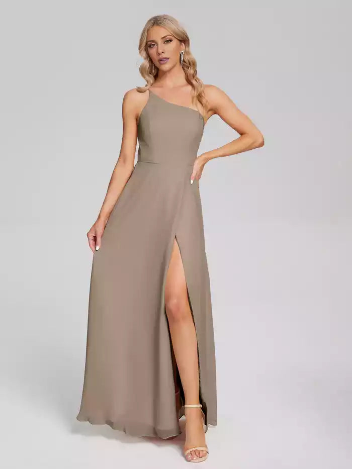 One Shoulder Side Slit Chiffon Bridesmaid Dress ﻿