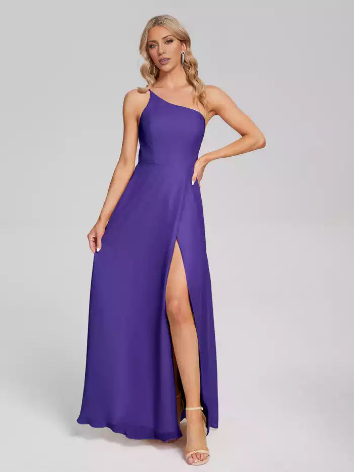 One Shoulder Side Slit Chiffon Bridesmaid Dress ﻿
