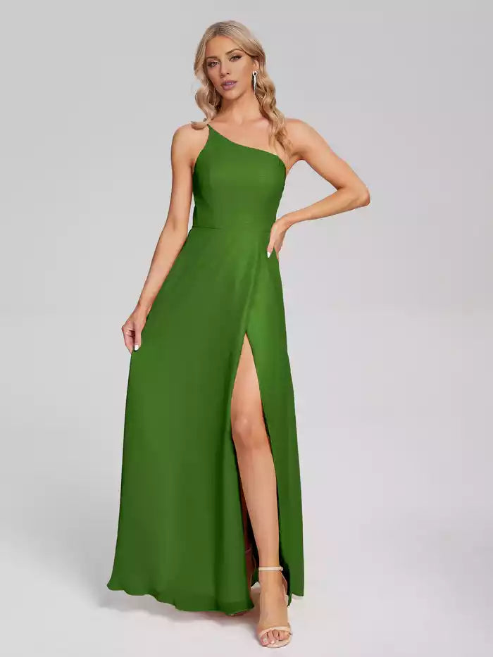 One Shoulder Side Slit Chiffon Bridesmaid Dress ﻿
