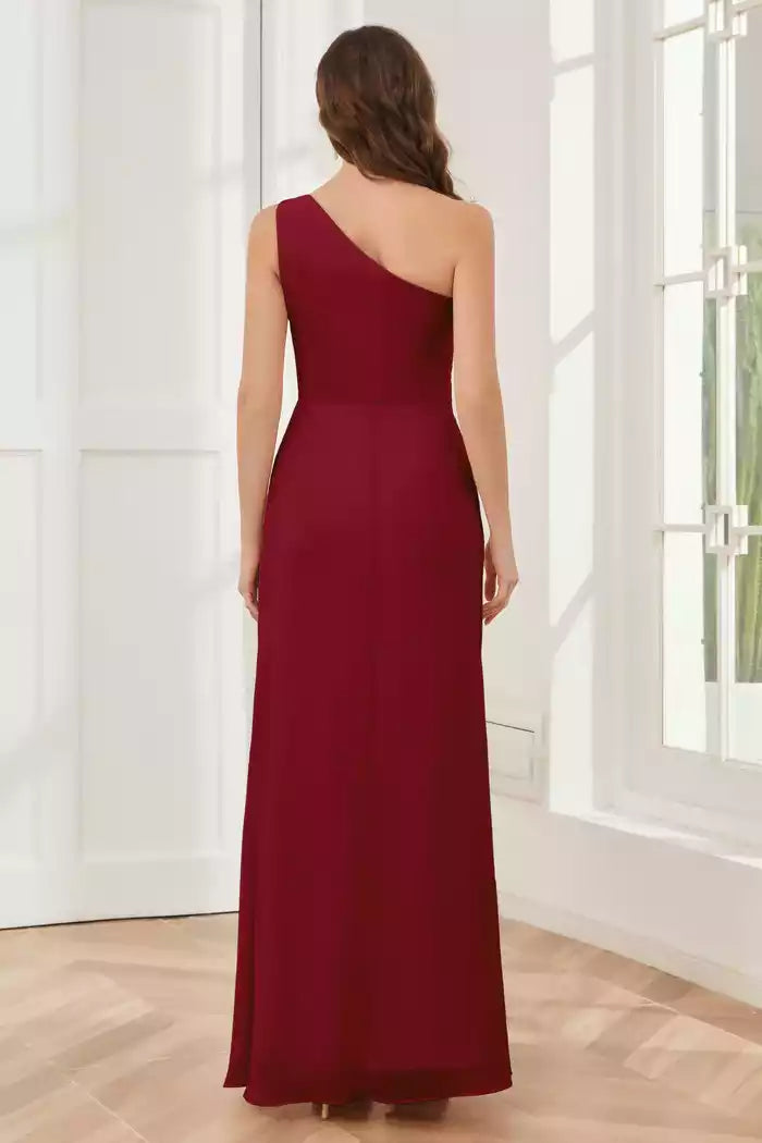 One Shoulder Sleeveless Slit Floor Length Bridesmaid Dresses
