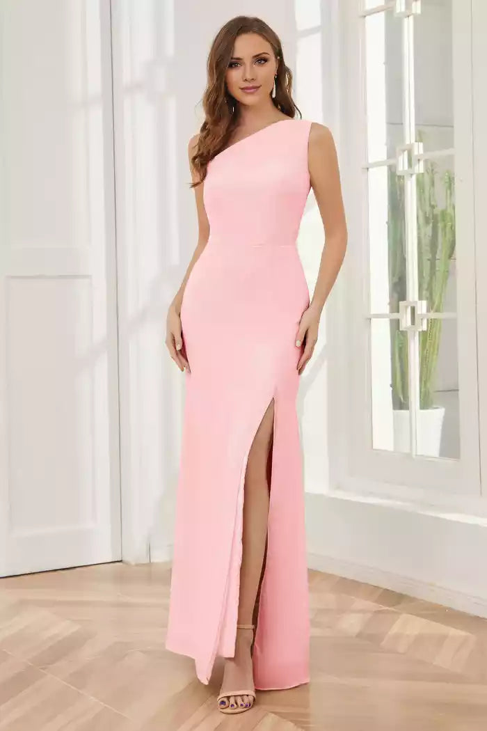 One Shoulder Sleeveless Slit Floor Length Bridesmaid Dresses
