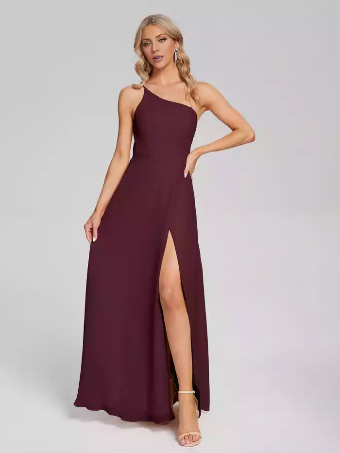 One Shoulder Split Fork Chiffon Prom Dress With Floor Length