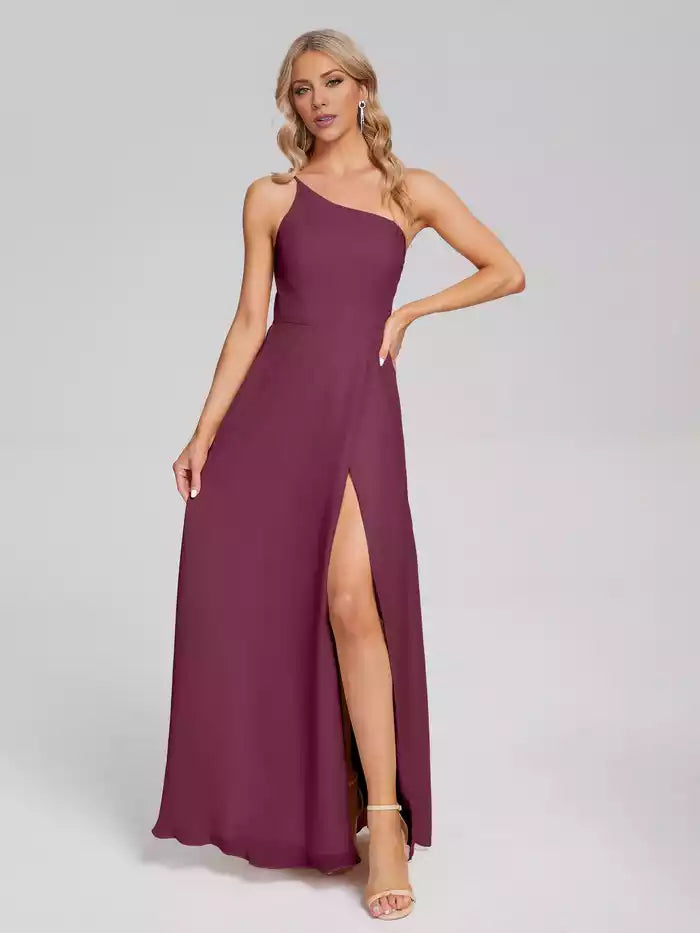 One Shoulder Split Fork Chiffon Prom Dress With Floor Length
