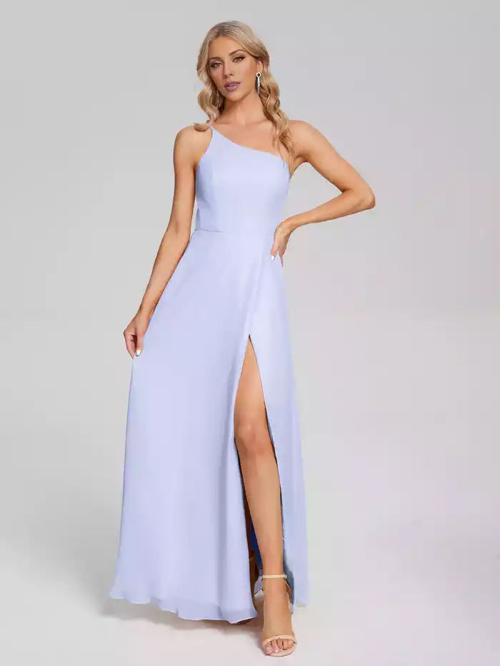 One Shoulder Split Fork Chiffon Prom Dress With Floor Length
