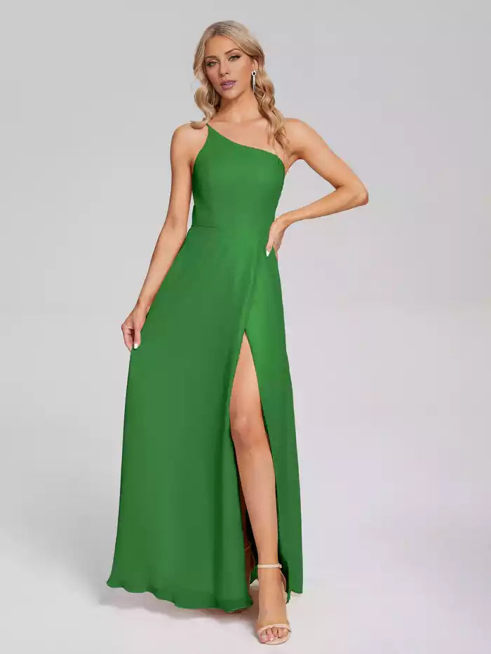 One Shoulder Split Fork Chiffon Prom Dress With Floor Length