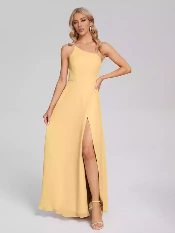 One Shoulder Split Fork Chiffon Prom Dress With Floor Length