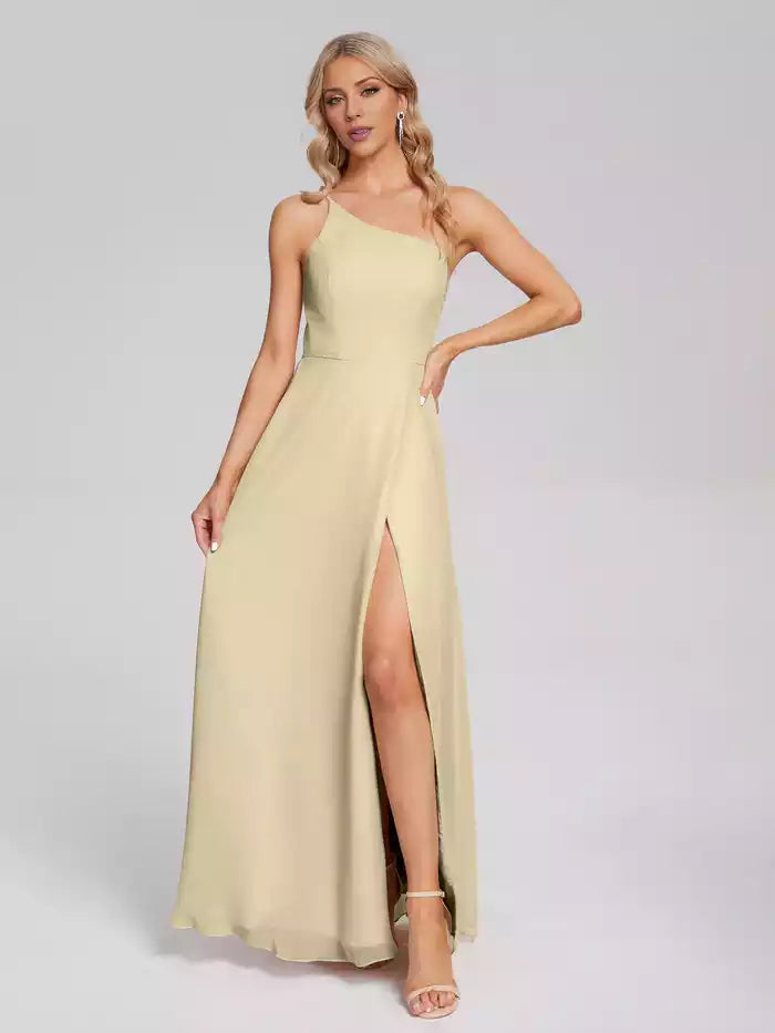One Shoulder Split Fork Chiffon Prom Dress With Floor Length