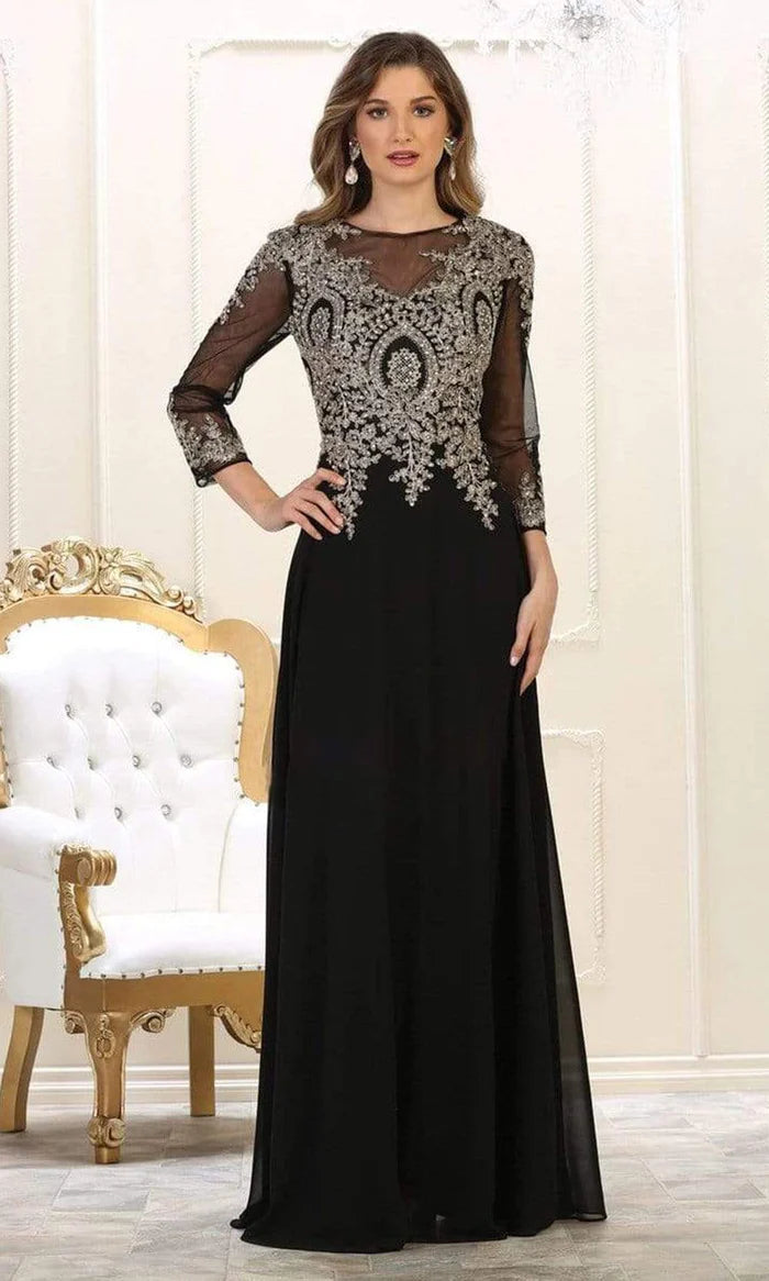 Opulent A-Line Boat-Neck Three-Quarter-Sleeve Sheer-Back Black-Silver Embroidered-Chiffon Floor-Length Mother of the Bride Dresses