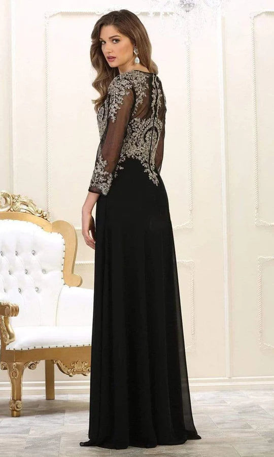 Opulent A-Line Boat-Neck Three-Quarter-Sleeve Sheer-Back Black-Silver Embroidered-Chiffon Floor-Length Mother of the Bride Dresses