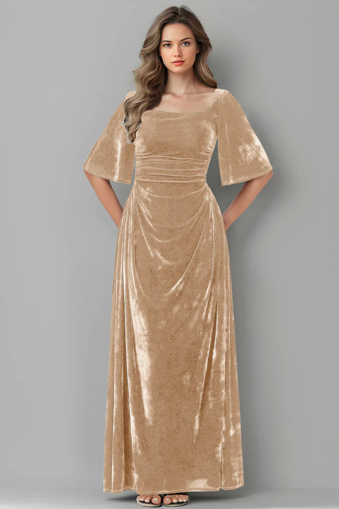 Opulent A-Line Square-Neck Flared-Sleeve Zipper-Back Floor-Length Bridesmaid Dresses
