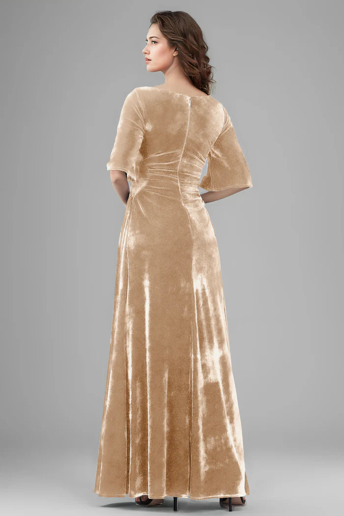Opulent A-Line Square-Neck Flared-Sleeve Zipper-Back Floor-Length Bridesmaid Dresses