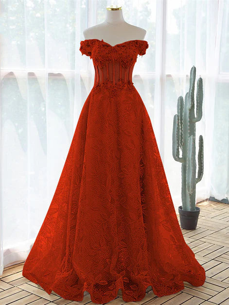Opulent Ballgown Off-Shoulder Lace Corset-Bodice Lace-Up Back Floor-Length Evening Dresses