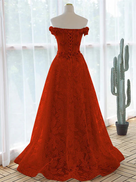 Opulent Ballgown Off-Shoulder Lace Corset-Bodice Lace-Up Back Floor-Length Evening Dresses