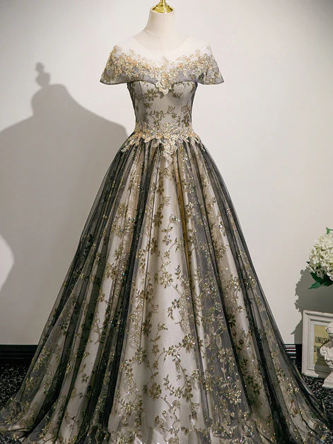 Opulent Ballgown Off-Shoulder Tulle Gold-Embroidered Lace-Up Back Floor-Length Evening Dresses