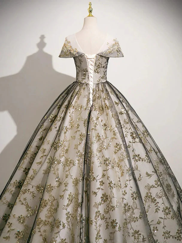 Opulent Ballgown Off-Shoulder Tulle Gold-Embroidered Lace-Up Back Floor-Length Evening Dresses