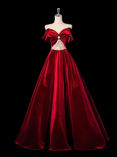 Opulent Ballgown Off-Shoulder Velvet Crystal-Bow Beaded Waist Back-Zip Floor-Length Evening Dresses