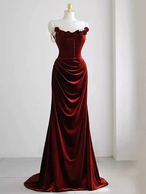 Opulent Mermaid Off-Shoulder Velvet Flower-Accent Ruched Train Length Evening Dresses
