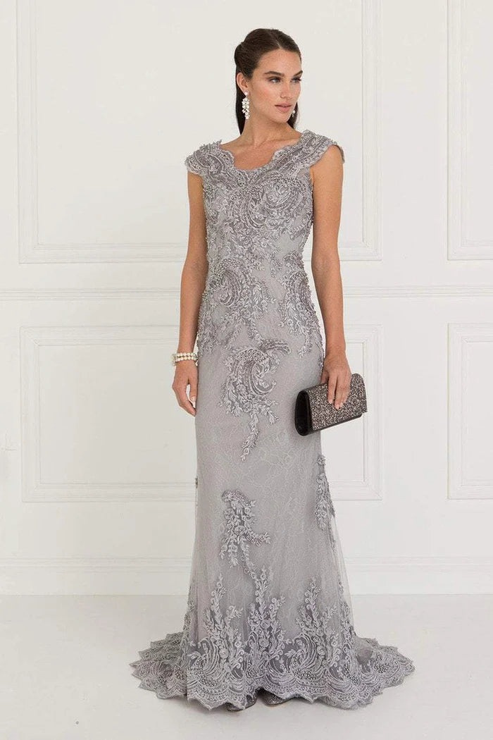 Opulent Mermaid Square-Neck Cap-Sleeve Open-Back Silver Embroidered-Tulle Floor-Length Mother of the Bride Dresses