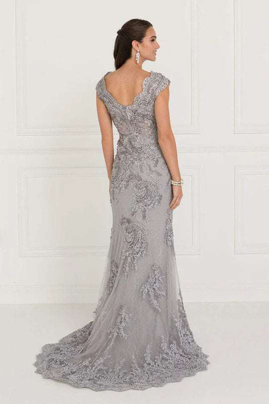 Opulent Mermaid Square-Neck Cap-Sleeve Open-Back Silver Embroidered-Tulle Floor-Length Mother of the Bride Dresses