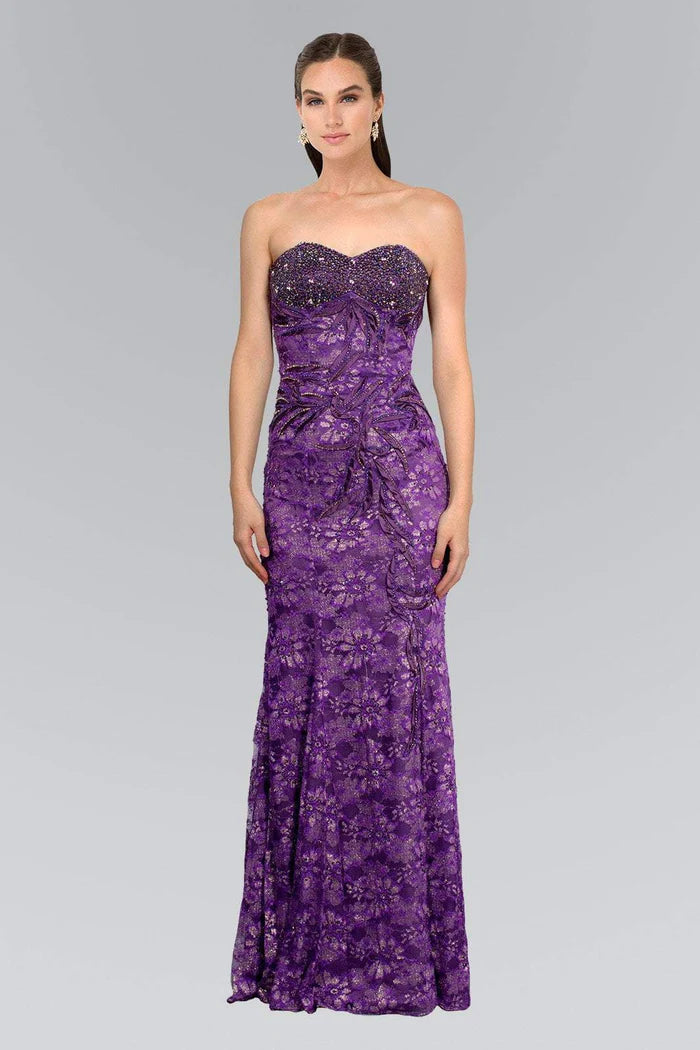 Opulent Mermaid Strapless Sleeveless Bow-Back Purple Lace-Embellished Floor-Length Mother of the Bride Dresses