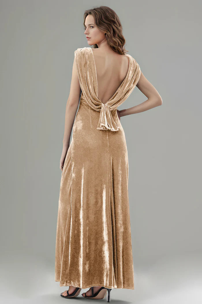 Opulent Sheath V-Neck Draped-Sleeve Tie-Back Floor-Length Bridesmaid Dresses