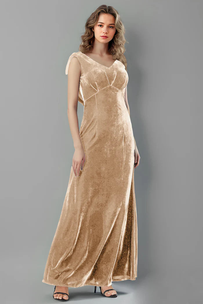 Opulent Sheath V-Neck Draped-Sleeve Tie-Back Floor-Length Bridesmaid Dresses