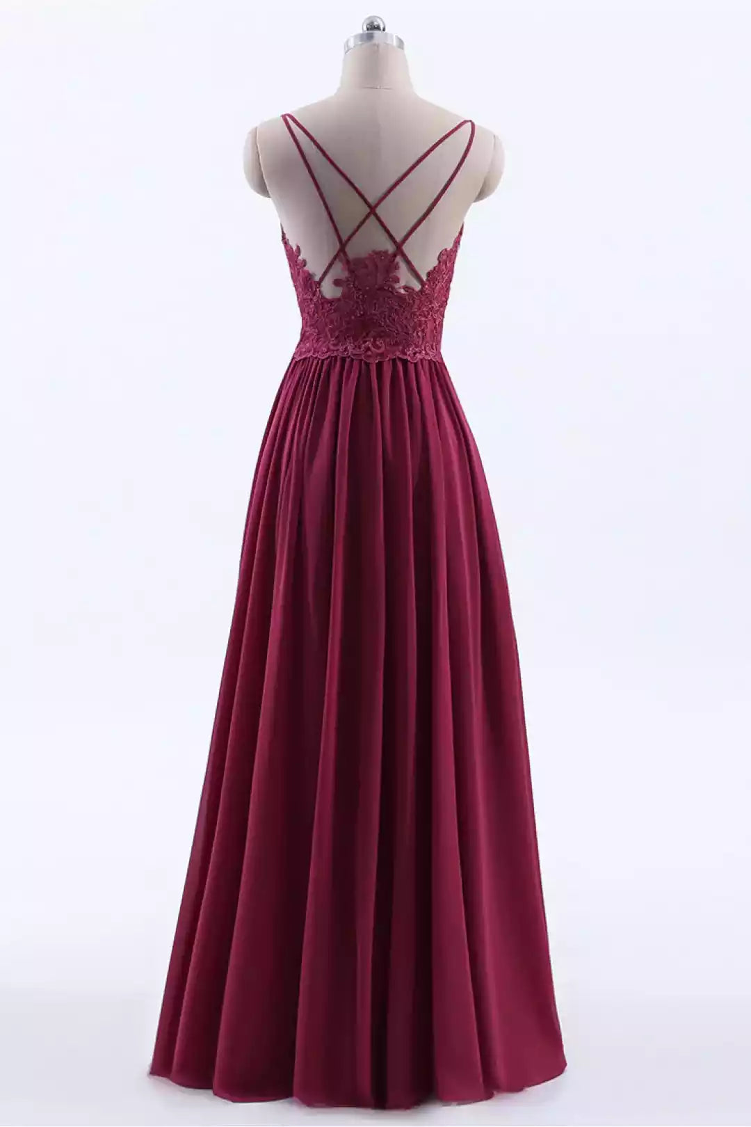 Opulent Burgundy Chiffon Gown with Lace Accents & Crisscross Back