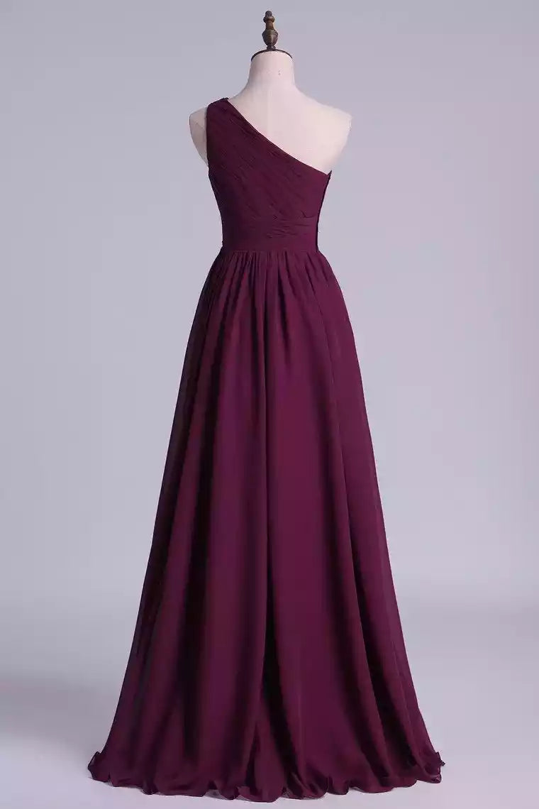 Opulent Burgundy Chiffon Gown with One-Shoulder Ruched Bodice