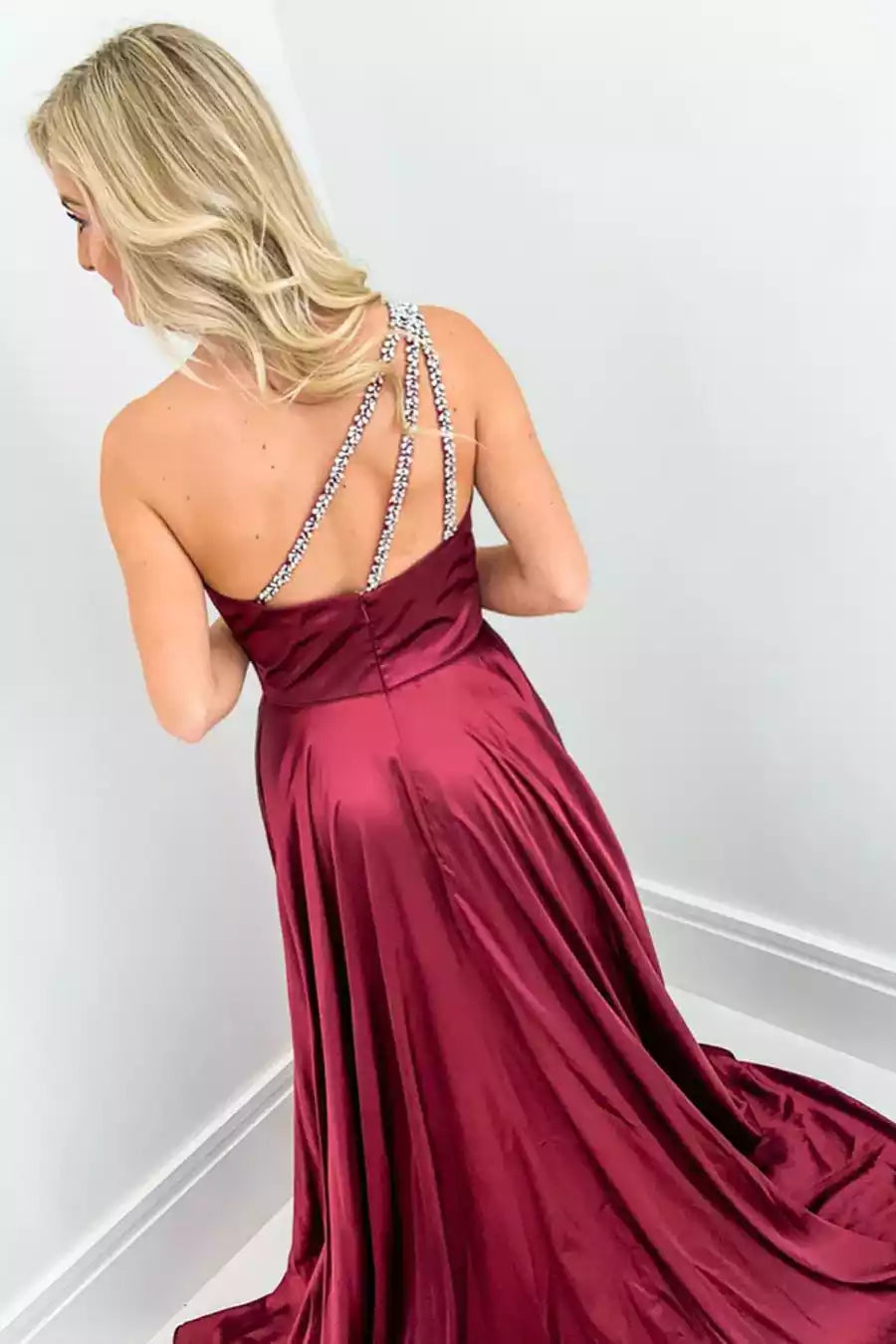 Opulent Burgundy Satin Gown with One-Shoulder Neckline & Crystal-Accented Back