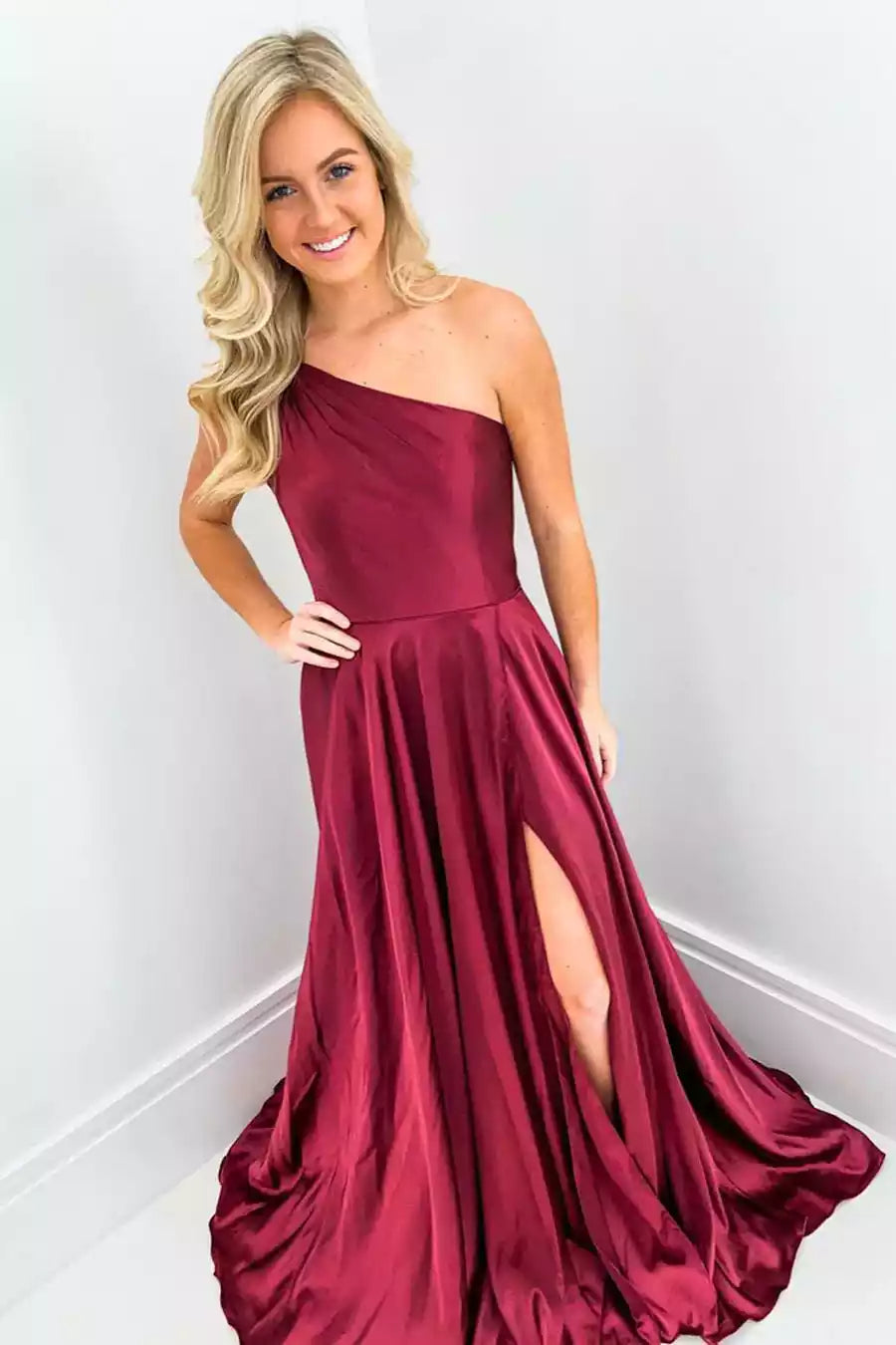Opulent Burgundy Satin Gown with One-Shoulder Neckline & Crystal-Accented Back