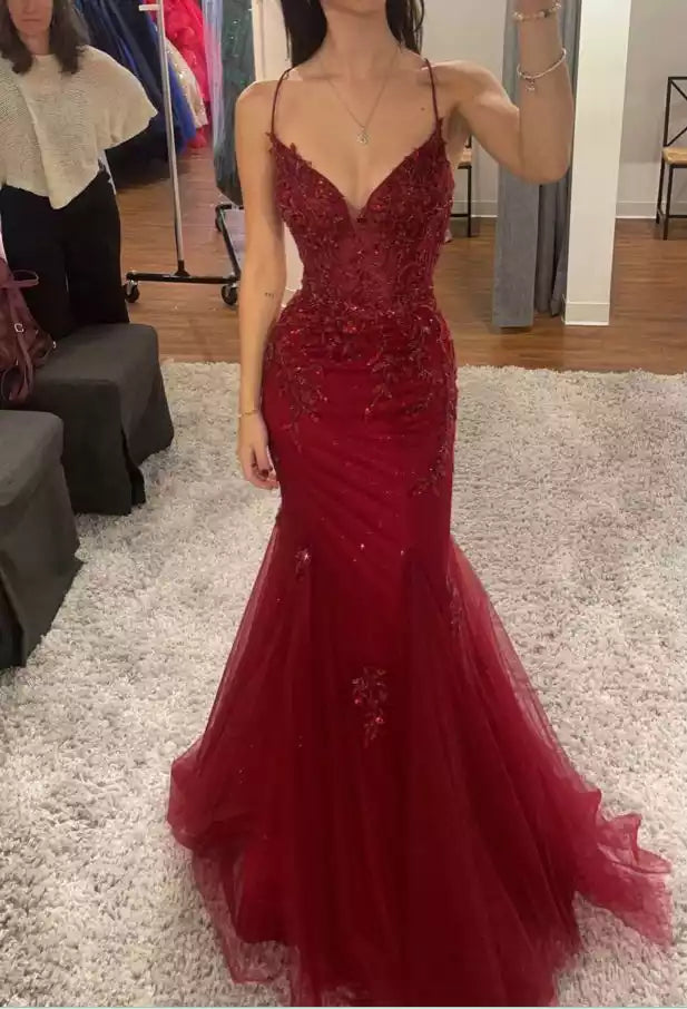 Opulent Burgundy Tulle Mermaid Gown with Embellished Bodice & Crisscross Back