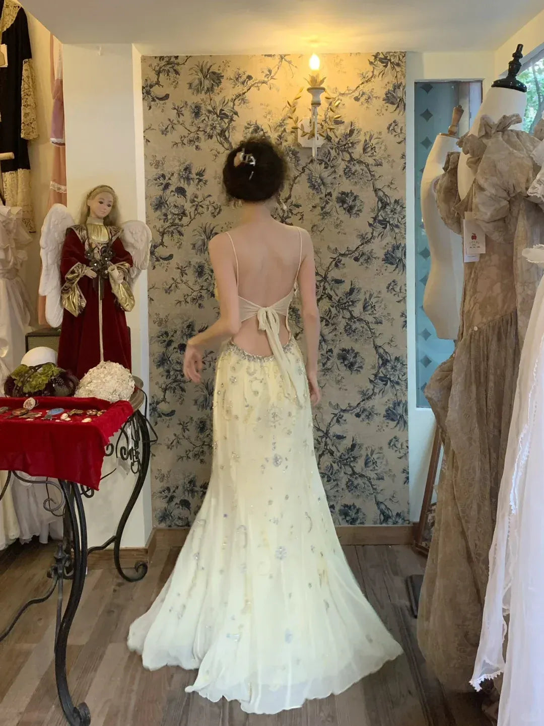Opulent Champagne Crystal Beaded Mermaid Gown with Open Back