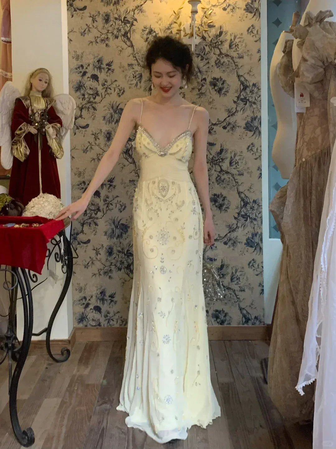 Opulent Champagne Crystal Beaded Mermaid Gown with Open Back
