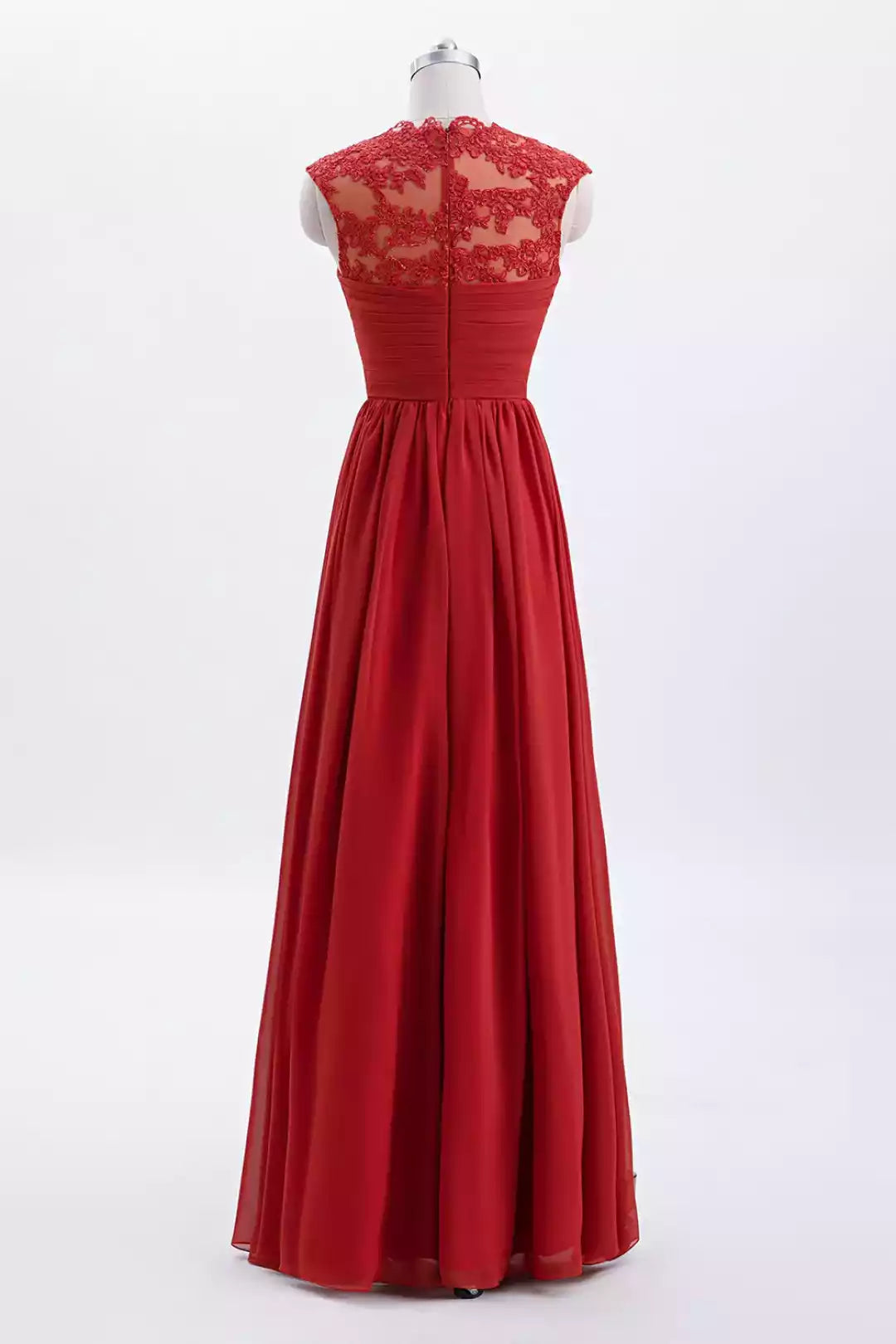Opulent Crimson Red Chiffon Gown with Lace Cap Sleeves & Ruched Bodice