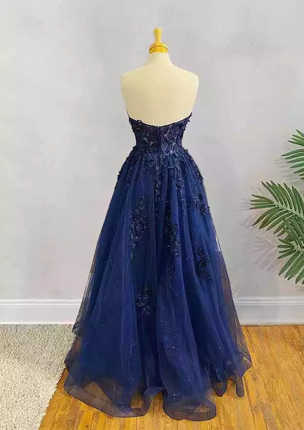 Opulent Navy Blue Tulle Ballgown with Lace & Sequin Embellishments