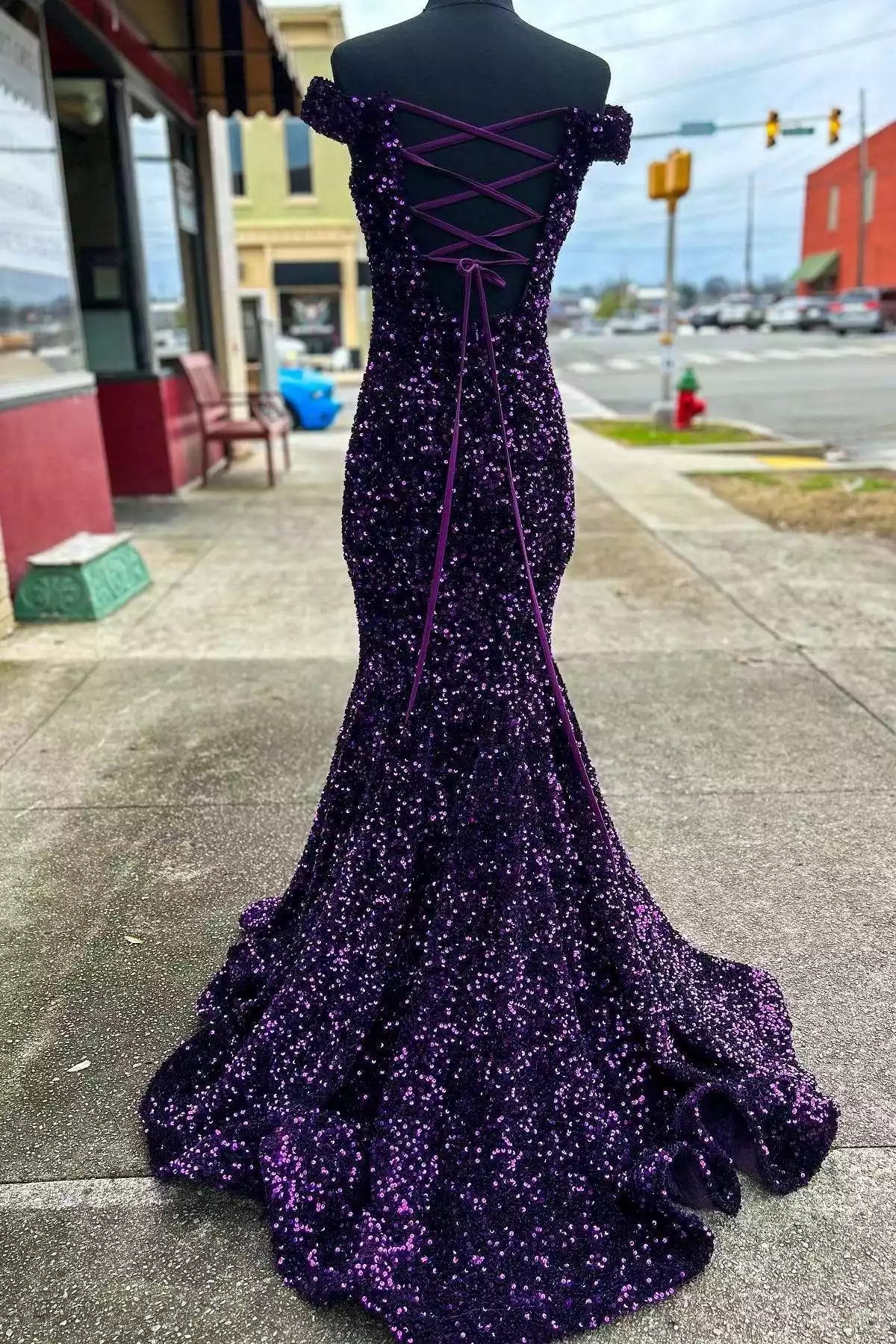 Opulent Purple Ombre Sequin Mermaid Gown with Off-the-Shoulder Neckline & Crisscross Back
