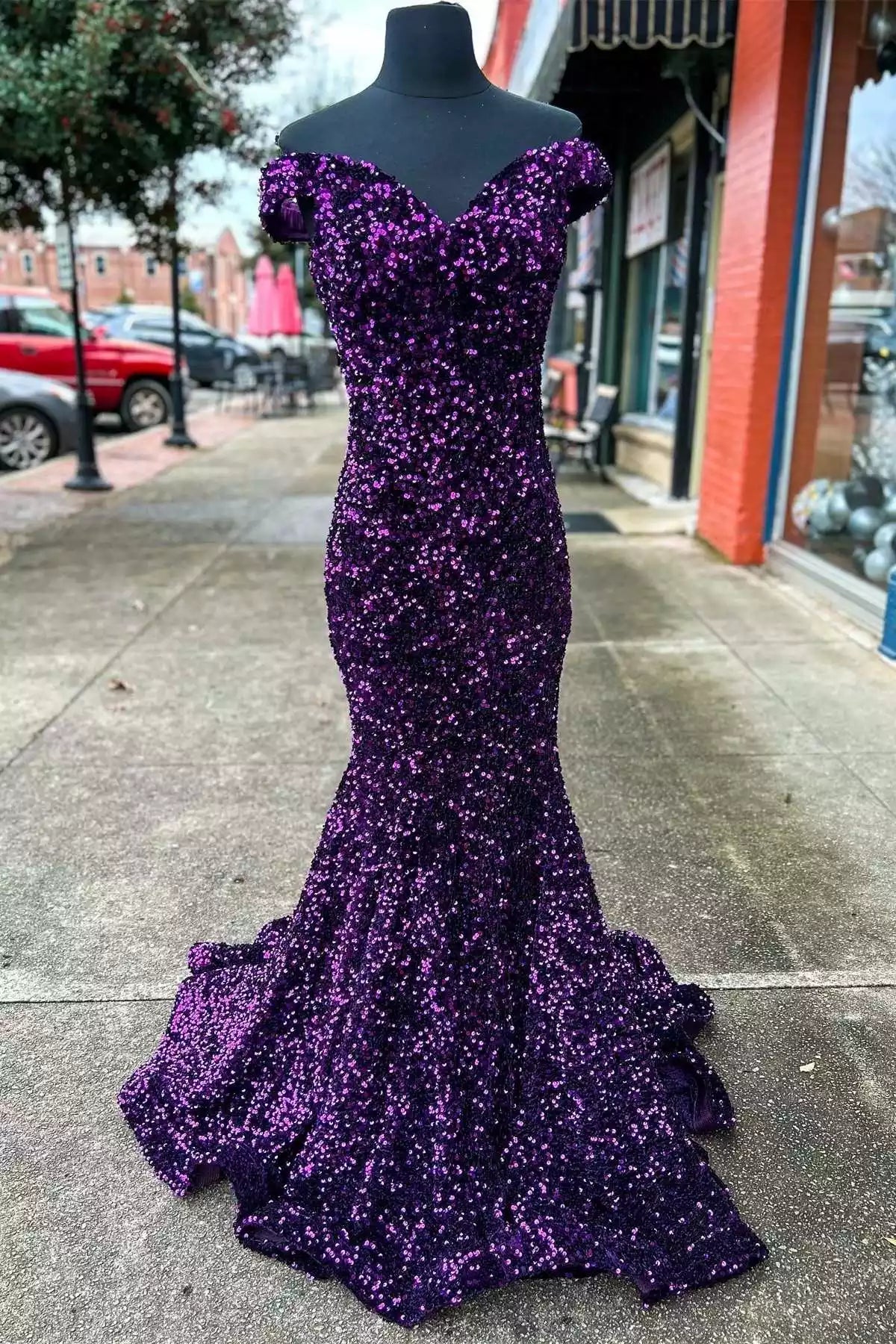 Opulent Purple Ombre Sequin Mermaid Gown with Off-the-Shoulder Neckline & Crisscross Back