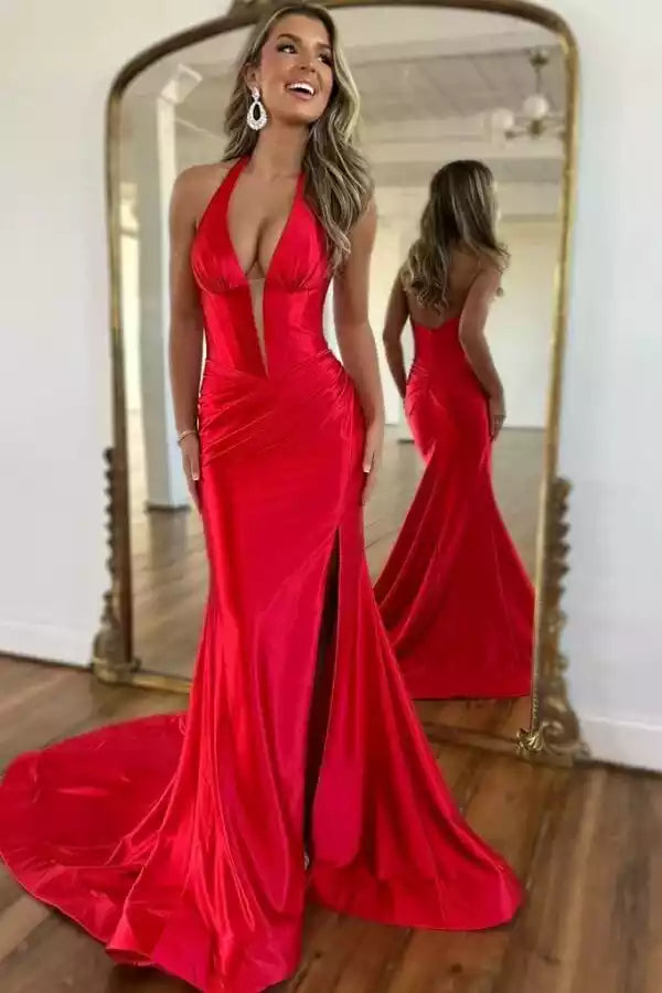 Opulent Red Satin Halter Gown with Plunging Keyhole & Mermaid Silhouette
